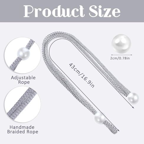 8pcs Curtain Rope Tiebacks, Adjustable Tie Backs for Curtains, Silver Curtain Tie Backs with Pearl Curtain Rope Buckle Cord Holders for Home Hotel Office Window Drapery in Saudi Arabia