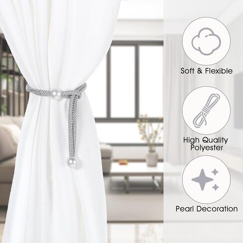 8pcs Curtain Rope Tiebacks, Adjustable Tie Backs for Curtains, Silver Curtain Tie Backs with Pearl Curtain Rope Buckle Cord Holders for Home Hotel Office Window Drapery in Saudi Arabia