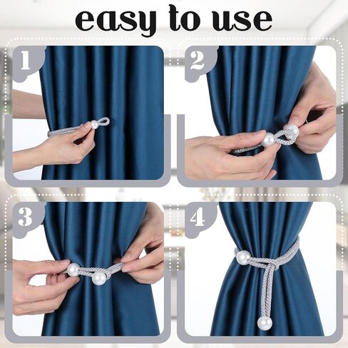 8pcs Curtain Rope Tiebacks, Adjustable Tie Backs for Curtains, Silver Curtain Tie Backs with Pearl Curtain Rope Buckle Cord Holders for Home Hotel Office Window Drapery in Saudi Arabia