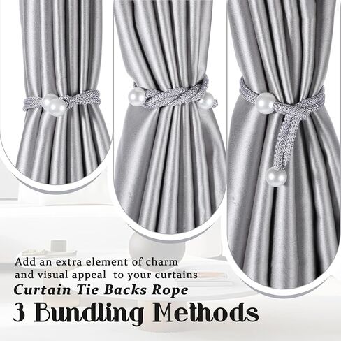 8pcs Curtain Rope Tiebacks, Adjustable Tie Backs for Curtains, Silver Curtain Tie Backs with Pearl Curtain Rope Buckle Cord Holders for Home Hotel Office Window Drapery in Saudi Arabia