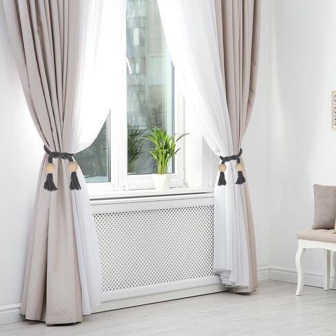uxcell 4 Pack Magnetic Curtain Tiebacks, 55cm/21.65" Curtain Holdbacks with Wooden Ball Hand-Woven Decorative Tie Backs for Home Office Decor, White in Saudi Arabia