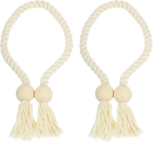 uxcell 4 Pack Magnetic Curtain Tiebacks, 55cm/21.65" Curtain Holdbacks with Wooden Ball Hand-Woven Decorative Tie Backs for Home Office Decor, White in Saudi Arabia