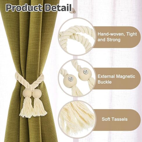 uxcell 4 Pack Magnetic Curtain Tiebacks, 55cm/21.65" Curtain Holdbacks with Wooden Ball Hand-Woven Decorative Tie Backs for Home Office Decor, White in Saudi Arabia