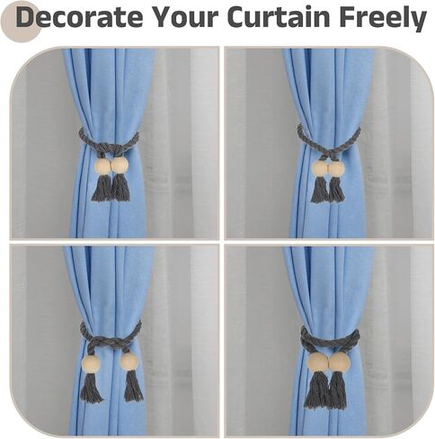 uxcell 4 Pack Magnetic Curtain Tiebacks, 55cm/21.65" Curtain Holdbacks with Wooden Ball Hand-Woven Decorative Tie Backs for Home Office Decor, White in Saudi Arabia