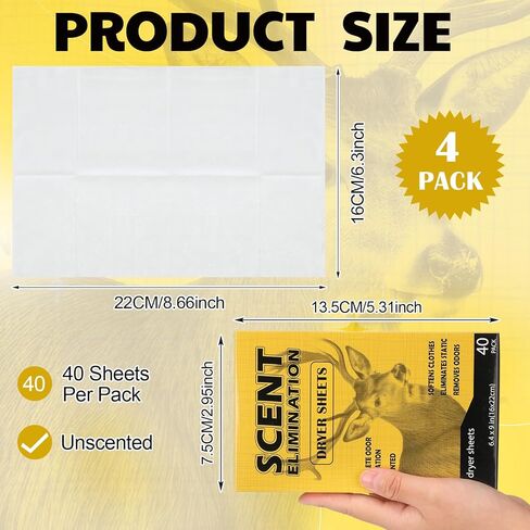 4 عبوات من أوراق تجفيف إزالة الرائحة للصيد، 160 ورقة من أوراق مجفف الصيد، أوراق تجفيف خالية من الروائح، أوراق منعم الأقمشة للصيادين، غطاء رائحة للأقمشة، ملابس صيد الغزلان in Kuwait