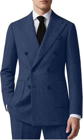 Retro Tweed Men's Suit Herringbone 2 Piece Slim Fit Double Breasted Suits Prom Wedding Tuxedo Jacket Blazers Pants for Men in Kuwait