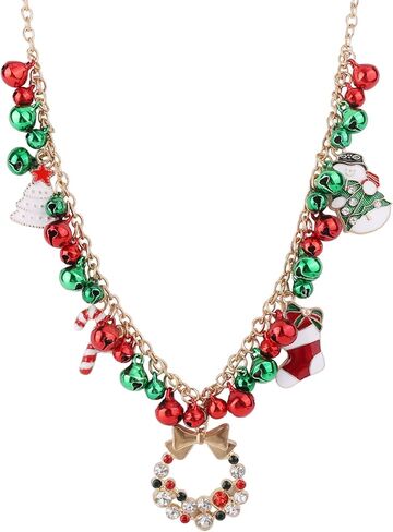 Christmas Jingle Bell Necklace, Bow Wreath Pendant Necklace Holiday Jewelry Charms Statement Collar Necklace Xmas Chain Gift for Women in Saudi Arabia