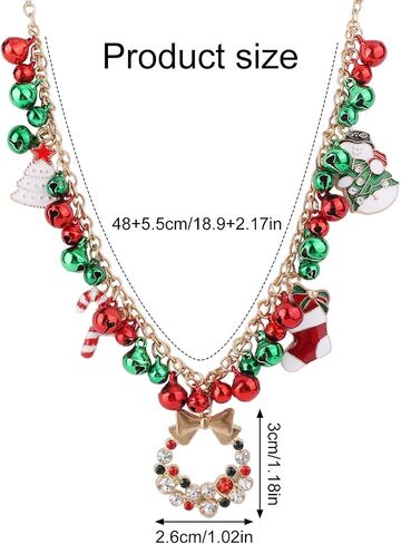 Christmas Jingle Bell Necklace, Bow Wreath Pendant Necklace Holiday Jewelry Charms Statement Collar Necklace Xmas Chain Gift for Women in Saudi Arabia