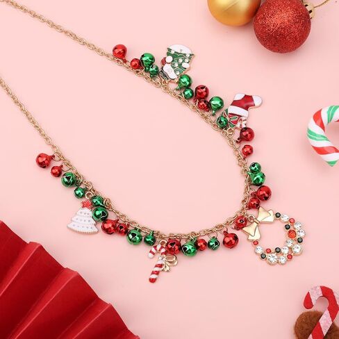 Christmas Jingle Bell Necklace, Bow Wreath Pendant Necklace Holiday Jewelry Charms Statement Collar Necklace Xmas Chain Gift for Women in Saudi Arabia