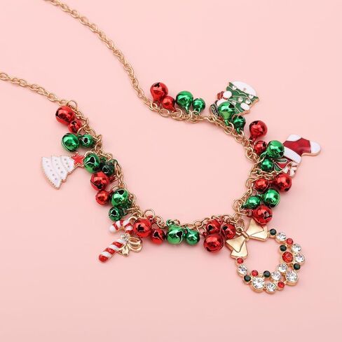 Christmas Jingle Bell Necklace, Bow Wreath Pendant Necklace Holiday Jewelry Charms Statement Collar Necklace Xmas Chain Gift for Women in Saudi Arabia