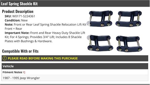 طقم القيود الربيعي لورقة الشقوق - 4 قطعة - مصعد 3/4 بوصة - متوافق مع 1987-1995 Jeep Wrangler in Saudi Arabia