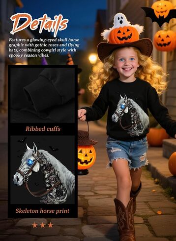 Toddler Girl Halloween Western Sweatshirt - Kids Spooky Season Horse Skeleton Tee Country Top Rodeo Cowgirl Shirt in Saudi Arabia