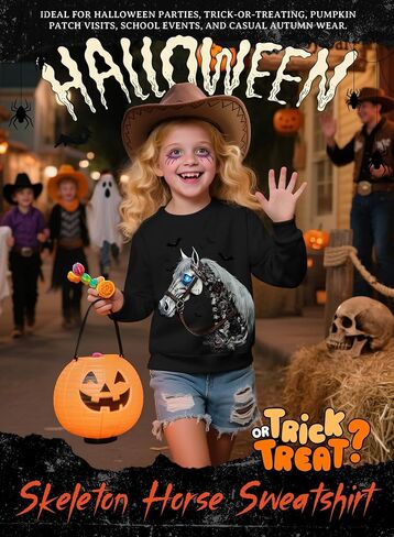 Toddler Girl Halloween Western Sweatshirt - Kids Spooky Season Horse Skeleton Tee Country Top Rodeo Cowgirl Shirt in Saudi Arabia