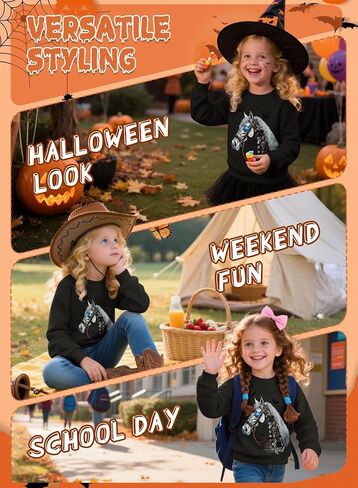 Toddler Girl Halloween Western Sweatshirt - Kids Spooky Season Horse Skeleton Tee Country Top Rodeo Cowgirl Shirt in Saudi Arabia