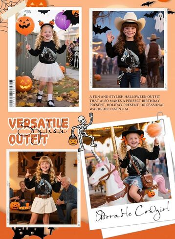 Toddler Girl Halloween Western Sweatshirt - Kids Spooky Season Horse Skeleton Tee Country Top Rodeo Cowgirl Shirt in Saudi Arabia