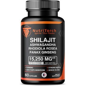 Shilajit Capsules - Supplement with Ashwagandha, Rhodiola Rosea, Panax Ginseng, Turmeric, Cordycep Mushrooms, Ginkgo Biloba - 15250Mg - 60 Capsules in Saudi Arabia