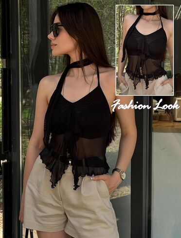 Avidlove Halter Tops for Women Mesh Tank Top Sexy Camisoles Y2K Crop Top Going Out Tops Trendy Summer Tops Outfits in Saudi Arabia