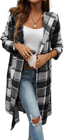 IDEALSANXUN Long Plaid Shacket Women Fall Winter Hooded Trench Coat Casual Button Down Flannel Jacket Cardigan in Saudi Arabia