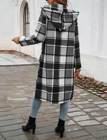 IDEALSANXUN Long Plaid Shacket Women Fall Winter Hooded Trench Coat Casual Button Down Flannel Jacket Cardigan in Saudi Arabia