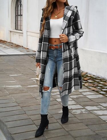 IDEALSANXUN Long Plaid Shacket Women Fall Winter Hooded Trench Coat Casual Button Down Flannel Jacket Cardigan in Saudi Arabia