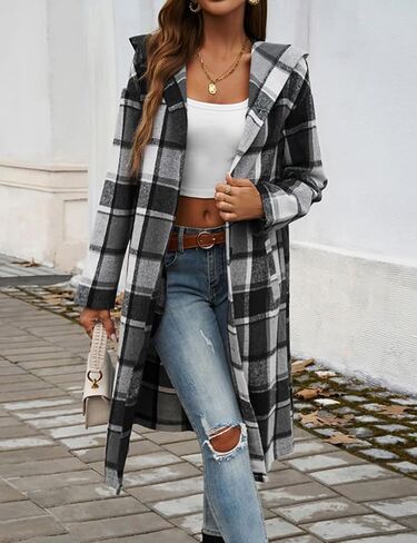 IDEALSANXUN Long Plaid Shacket Women Fall Winter Hooded Trench Coat Casual Button Down Flannel Jacket Cardigan in Saudi Arabia