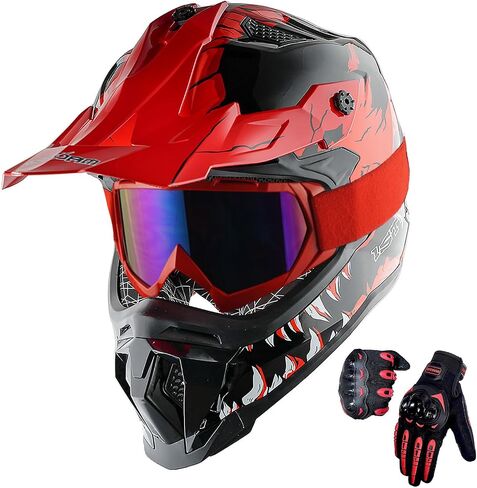 1STORM البالغين Motocross خوذة ATV الدراجة الأوساخ BMX MX Downhill Mountain Helmet Track Style JH601 ؛ ديناصور وردي + نظارات + حزمة القفازات الوردي الهيكل العظمي in Kuwait