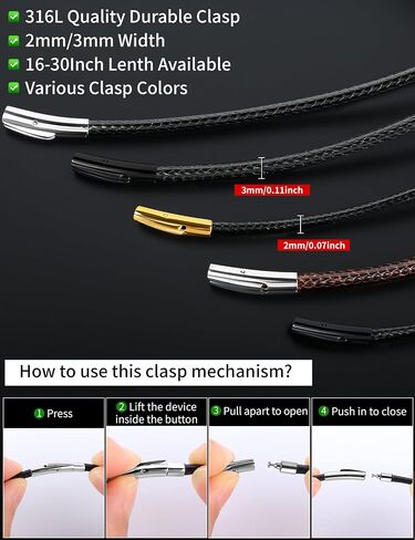 Waterproof&Sweatproof Soft Leather Cord Necklace for Men Women Black Leather Rope Chain 316L Stainless Steel Easy Lock Snap Clasp Braided Wax Chain for Pendant Jewelry 2mm/3mm, 16" to 30" in Saudi Arabia
