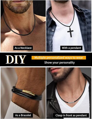 Waterproof&Sweatproof Soft Leather Cord Necklace for Men Women Black Leather Rope Chain 316L Stainless Steel Easy Lock Snap Clasp Braided Wax Chain for Pendant Jewelry 2mm/3mm, 16" to 30" in Saudi Arabia