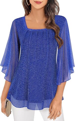 Misyula ساحة الرقبة متداخلة كشكش كم مزدوجة الطبقات شبكة مطاطية بلوزة عادية فلوي تونك القمم M-3XL in Kuwait