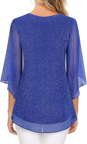 Misyula ساحة الرقبة متداخلة كشكش كم مزدوجة الطبقات شبكة مطاطية بلوزة عادية فلوي تونك القمم M-3XL in Kuwait