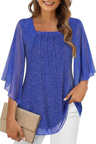 Misyula ساحة الرقبة متداخلة كشكش كم مزدوجة الطبقات شبكة مطاطية بلوزة عادية فلوي تونك القمم M-3XL in Kuwait