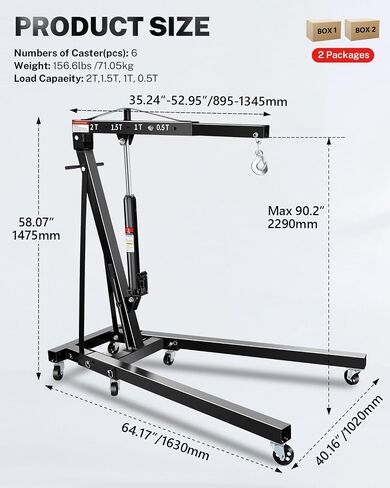 2 Ton Hydraulic Engine Hoist Crane with Lever, Folding Heavy-Duty Cherry Picker with 6 Locking Wheels & 4 Boom Positions, for Truck/SUV Engines, Garage Workshop, Industrial Lifting (Net Wt. 168 lbs) in Saudi Arabia