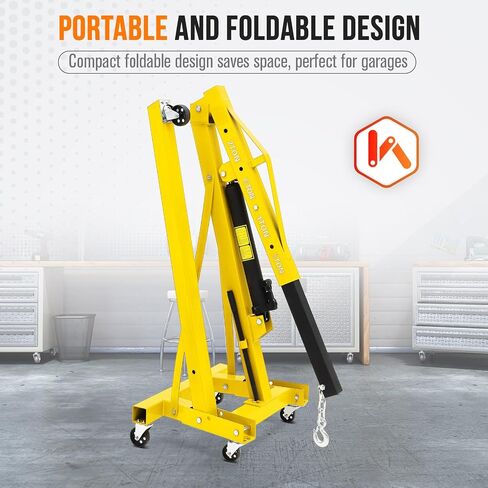 2 Ton Hydraulic Engine Hoist, 4400LB Folding Cherry Picker Shop Crane Hoist Lift with 6 Casters & Telescopic Boom for Lifting Motor, Garage, Workshop and Factory, Heavy Duty, Yellow in Saudi Arabia