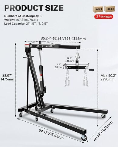 2 Ton Hydraulic Engine Hoist Crane with Lever, Folding Heavy-Duty Cherry Picker with 6 Locking Wheels & 4 Boom Positions, for Truck/SUV Engines, Garage Workshop, Industrial Lifting (Net Wt. 168 lbs) in Saudi Arabia