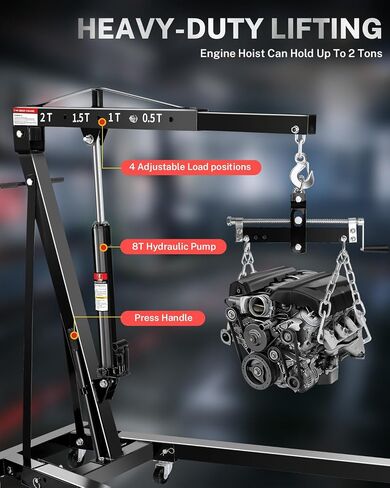 2 Ton Hydraulic Engine Hoist Crane with Lever, Folding Heavy-Duty Cherry Picker with 6 Locking Wheels & 4 Boom Positions, for Truck/SUV Engines, Garage Workshop, Industrial Lifting (Net Wt. 168 lbs) in Saudi Arabia