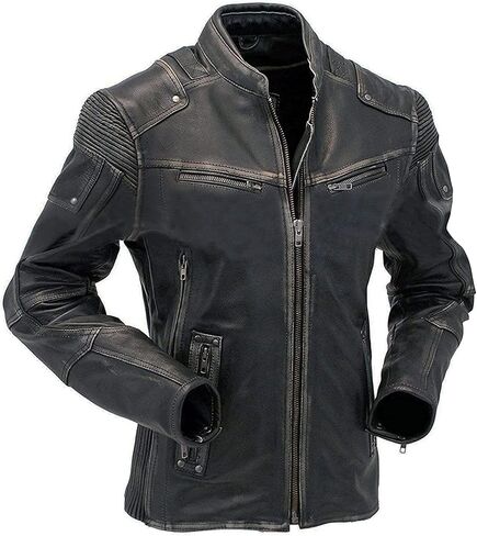 Distressed Cafe Racer Leather Jacket Men - Slim Fit Vintage Style Motorcycle Leather Jackets for Men in Saudi Arabia