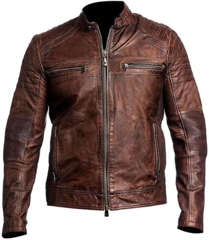 Distressed Cafe Racer Leather Jacket Men - Slim Fit Vintage Style Motorcycle Leather Jackets for Men in Saudi Arabia