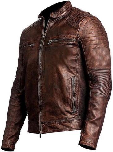 Distressed Cafe Racer Leather Jacket Men - Slim Fit Vintage Style Motorcycle Leather Jackets for Men in Saudi Arabia