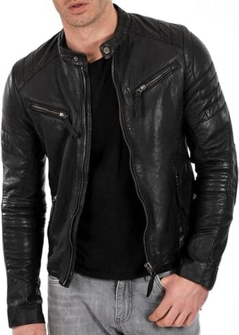 Distressed Cafe Racer Leather Jacket Men - Slim Fit Vintage Style Motorcycle Leather Jackets for Men in Saudi Arabia