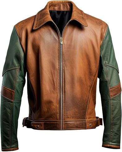 Generic Men's Distressed Brown Sea Green Leather Jacket with Shirt Collar, Lightweight Racing Style in Saudi Arabia