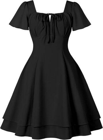 Wellwits Women's Square Neck Bow Ruched Bucked Layer Vintage Party Bress in Saudi Arabia