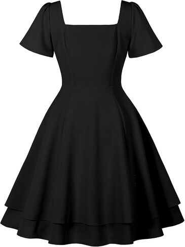 Wellwits Women's Square Neck Bow Ruched Bucked Layer Vintage Party Bress in Saudi Arabia