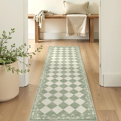 Beeiva Checkered Bathroom Runner Rug 2x6, Black and White Washable Runners for Hallways Non Slip, Moroccan Trellis 2x6 Rug for Besides Laundry Kitchen, Checkerboard Stain Resistant Bathroom Decor in Kuwait