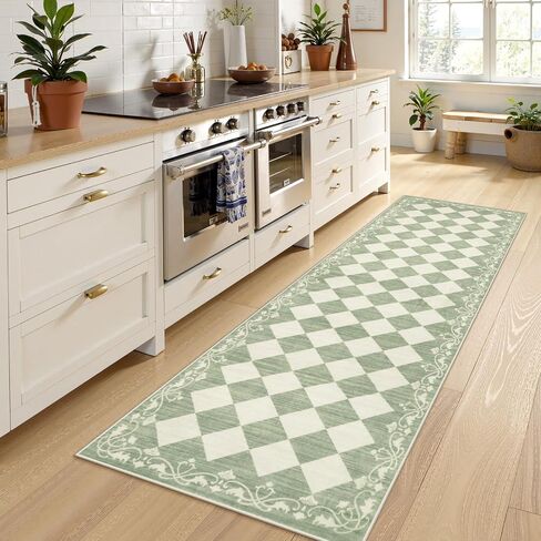 Beeiva Checkered Bathroom Runner Rug 2x6, Black and White Washable Runners for Hallways Non Slip, Moroccan Trellis 2x6 Rug for Besides Laundry Kitchen, Checkerboard Stain Resistant Bathroom Decor in Kuwait