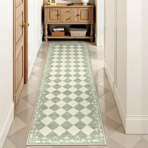 Beeiva Checkered Bathroom Runner Rug 2x6, Black and White Washable Runners for Hallways Non Slip, Moroccan Trellis 2x6 Rug for Besides Laundry Kitchen, Checkerboard Stain Resistant Bathroom Decor in Kuwait