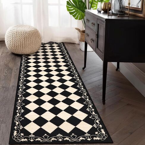 Beeiva Checkered Bathroom Runner Rug 2x6, Black and White Washable Runners for Hallways Non Slip, Moroccan Trellis 2x6 Rug for Besides Laundry Kitchen, Checkerboard Stain Resistant Bathroom Decor in Kuwait