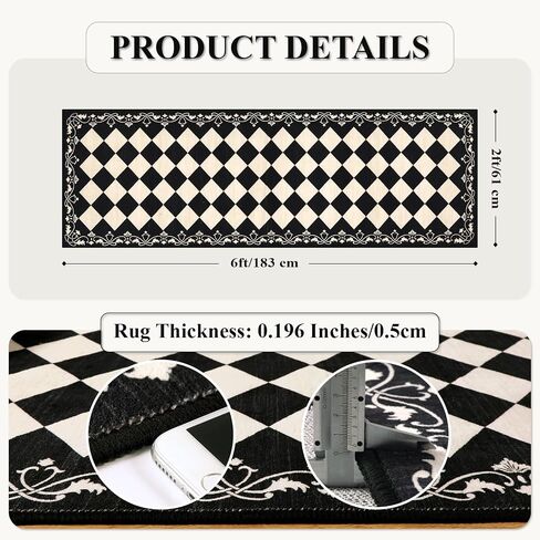 Beeiva Checkered Bathroom Runner Rug 2x6, Black and White Washable Runners for Hallways Non Slip, Moroccan Trellis 2x6 Rug for Besides Laundry Kitchen, Checkerboard Stain Resistant Bathroom Decor in Kuwait