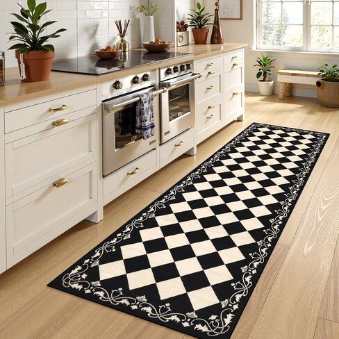 Beeiva Checkered Bathroom Runner Rug 2x6, Black and White Washable Runners for Hallways Non Slip, Moroccan Trellis 2x6 Rug for Besides Laundry Kitchen, Checkerboard Stain Resistant Bathroom Decor in Kuwait