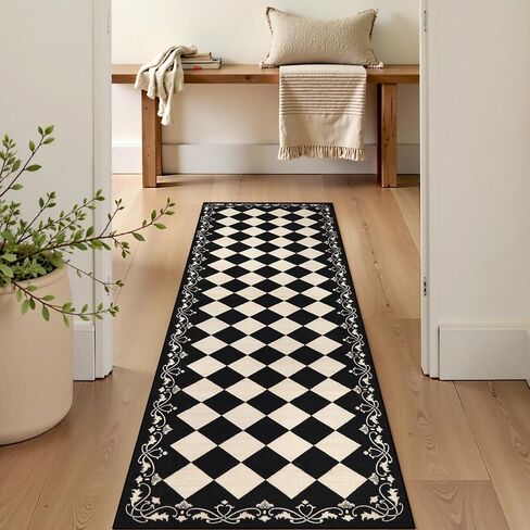 Beeiva Checkered Bathroom Runner Rug 2x6, Black and White Washable Runners for Hallways Non Slip, Moroccan Trellis 2x6 Rug for Besides Laundry Kitchen, Checkerboard Stain Resistant Bathroom Decor in Kuwait
