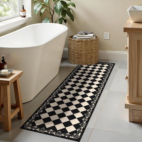 Beeiva Checkered Bathroom Runner Rug 2x6, Black and White Washable Runners for Hallways Non Slip, Moroccan Trellis 2x6 Rug for Besides Laundry Kitchen, Checkerboard Stain Resistant Bathroom Decor in Kuwait